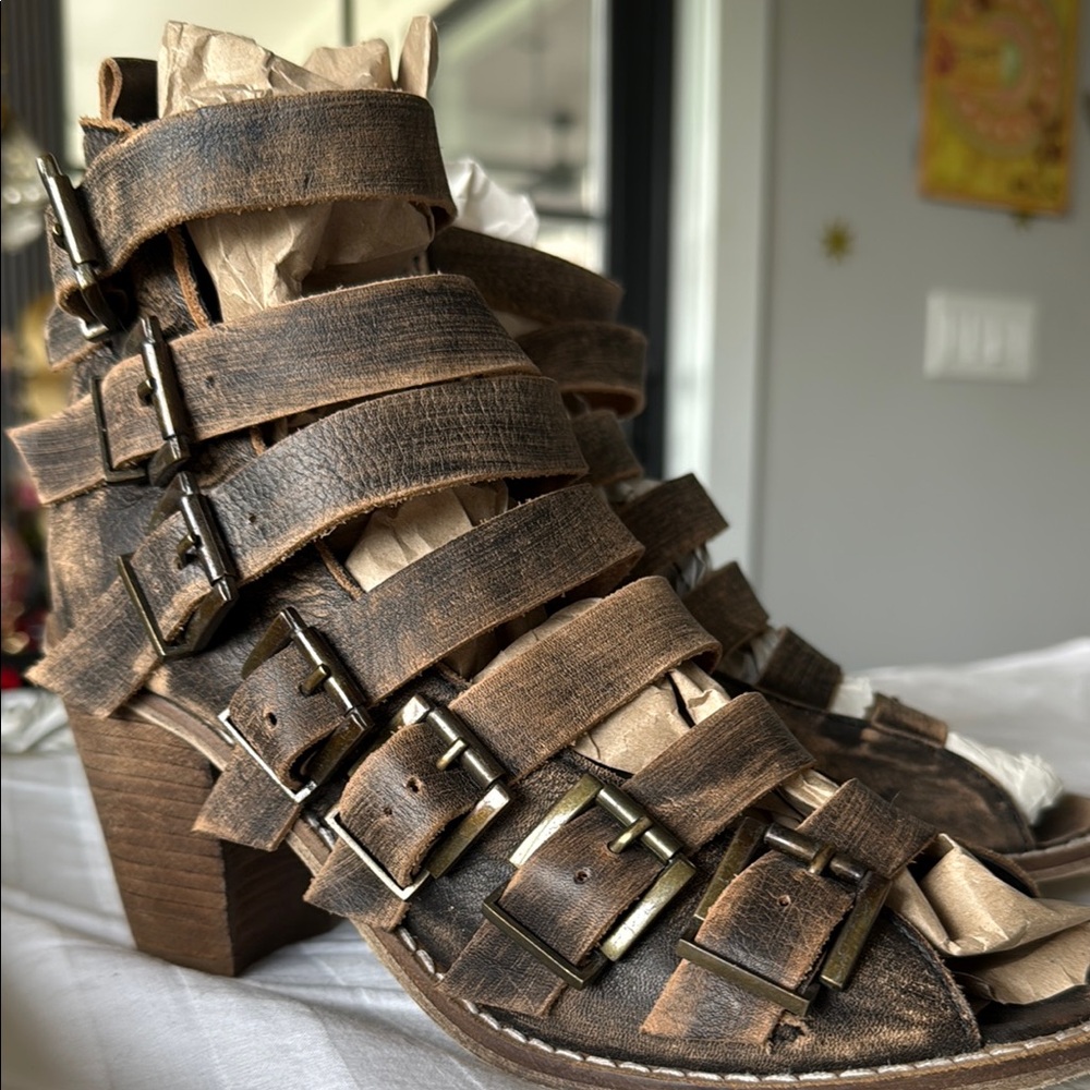 Free People Brown Heeled Boots with Distressed Leather